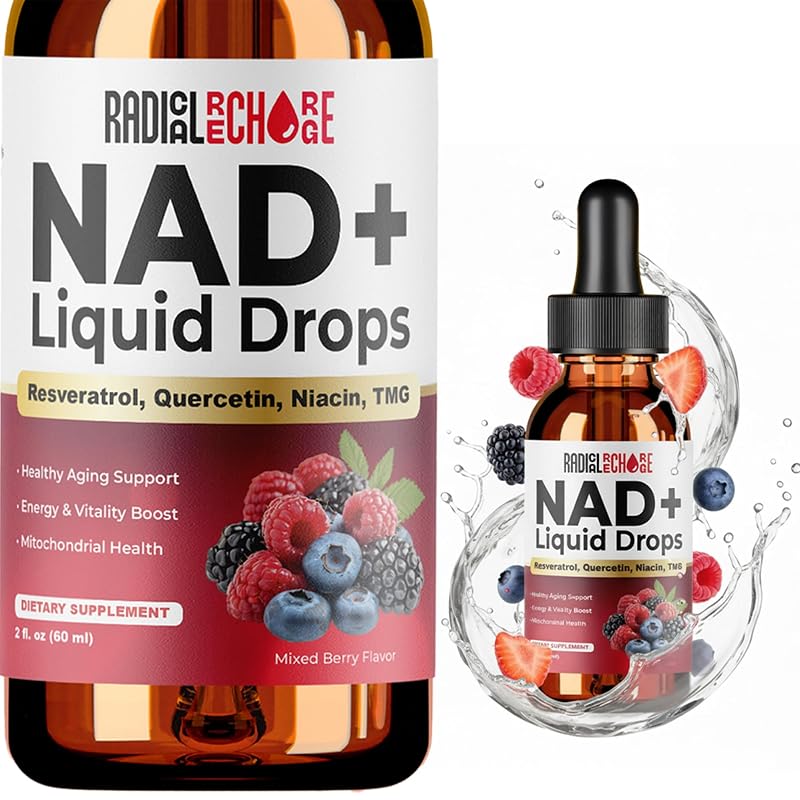Radical Recharge Gotas Líquidas de NAD+ com Resveratrol, Quercetina, Niacina e TMG, sabor frutas vermelhas, 60 mL