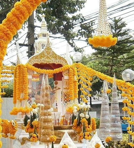 Miniatura 5 de Guirnalda de tagetes de caléndula artificial Phuang Malai tailandés indio adoración amarilla larga 15 pulgadas