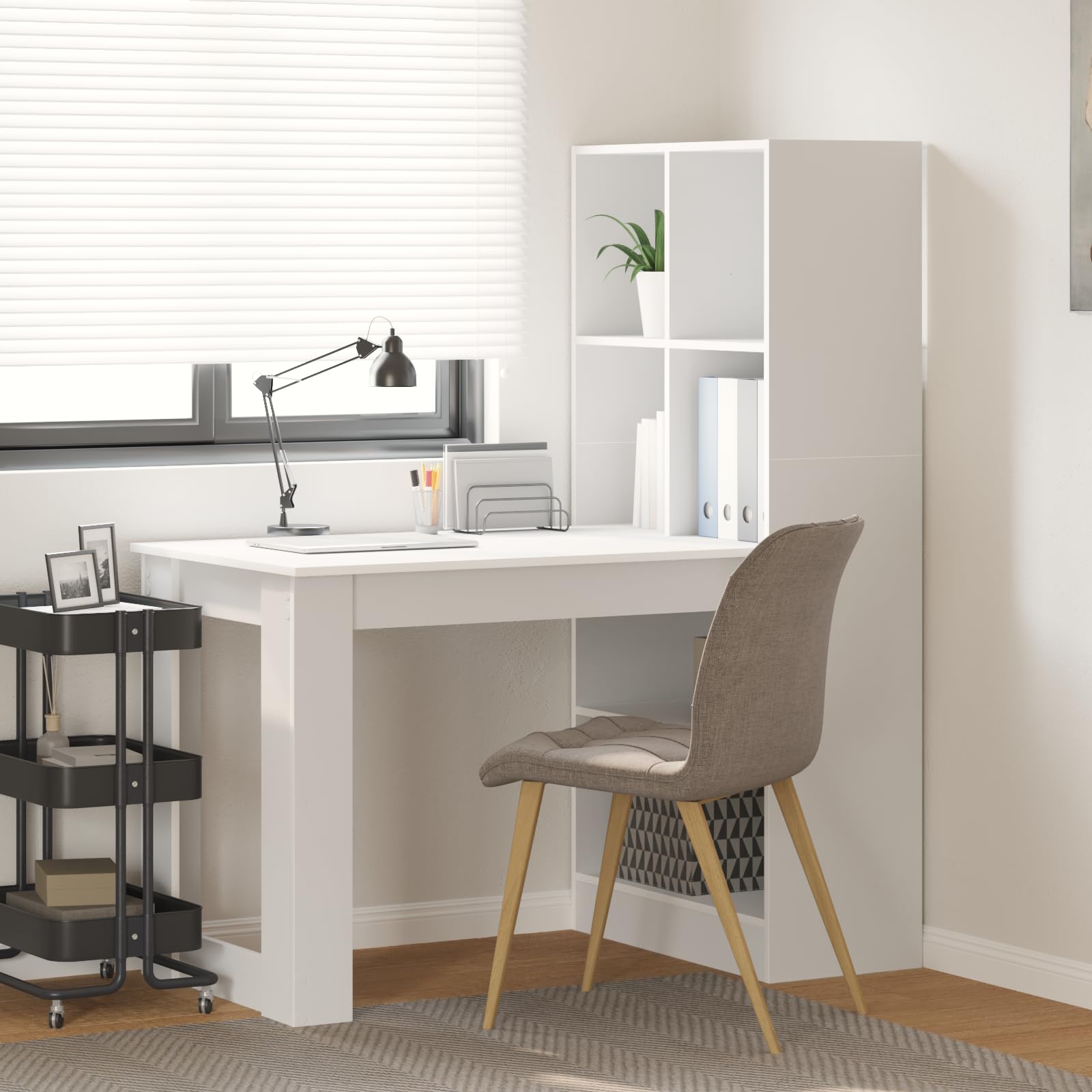 Schreibtisch mit Regal Weiß 122 x 67 x 145 cm Holzwerkstoff, moderner Schreibtisch mit Fächern und viel Stauraum für Büromaterialien, langlebige Glatte Oberfläche, einfache Montage