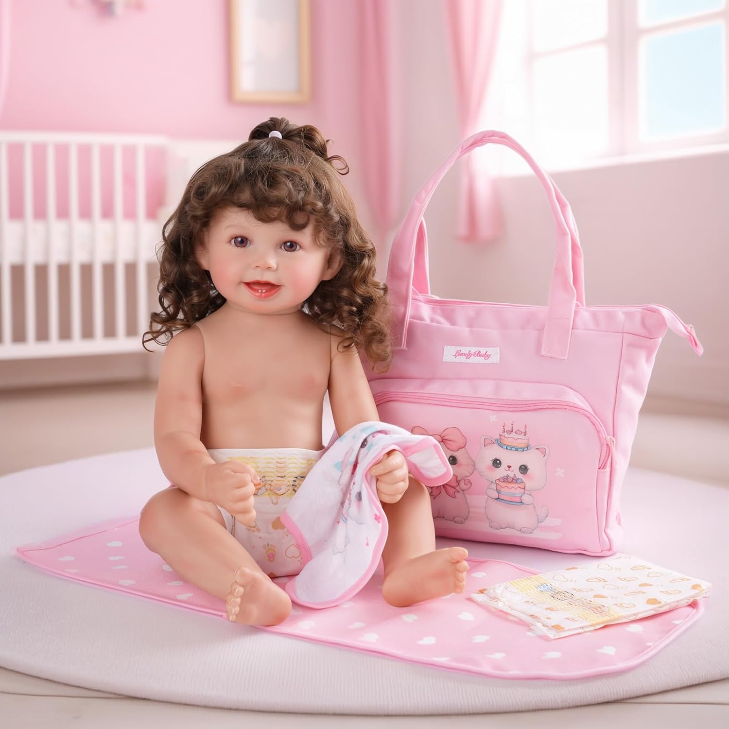 BABESIDE 5 Pcs Baby Doll Diaper Bag Set, Cute Cat Patterns Baby Doll Accessories with Pink Dolls Diaper Bag Changing Pad and Dolls Towel, Pretend Play Toys for Girls