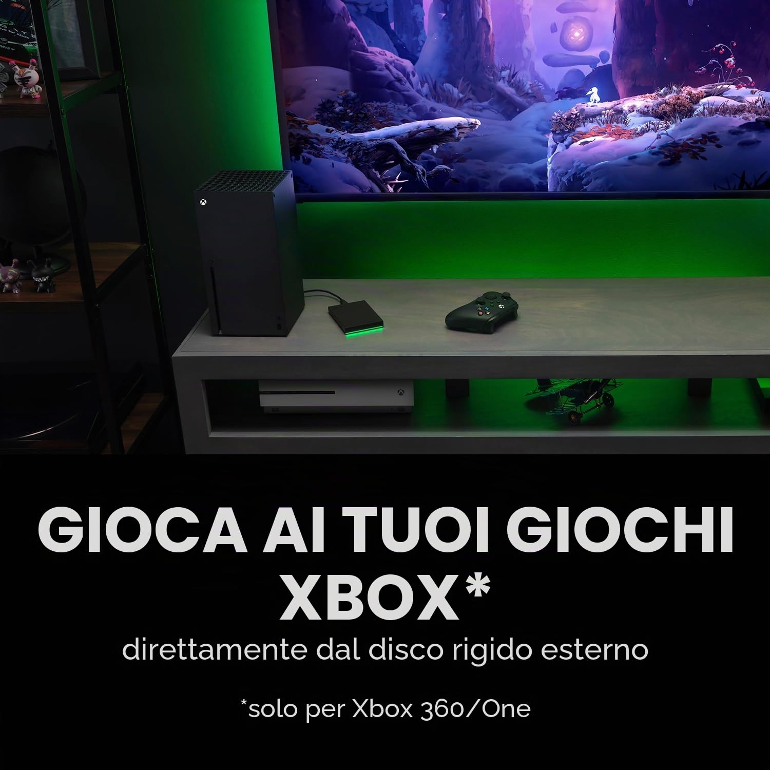 Seagate STKX5000403 - Unità di gioco per Xbox 5TB, hard disk esterno portatile, USB 3.2 Gen 1, nero con barra LED verde integrata, certificato Xbox, servizi di salvataggio per 3 anni