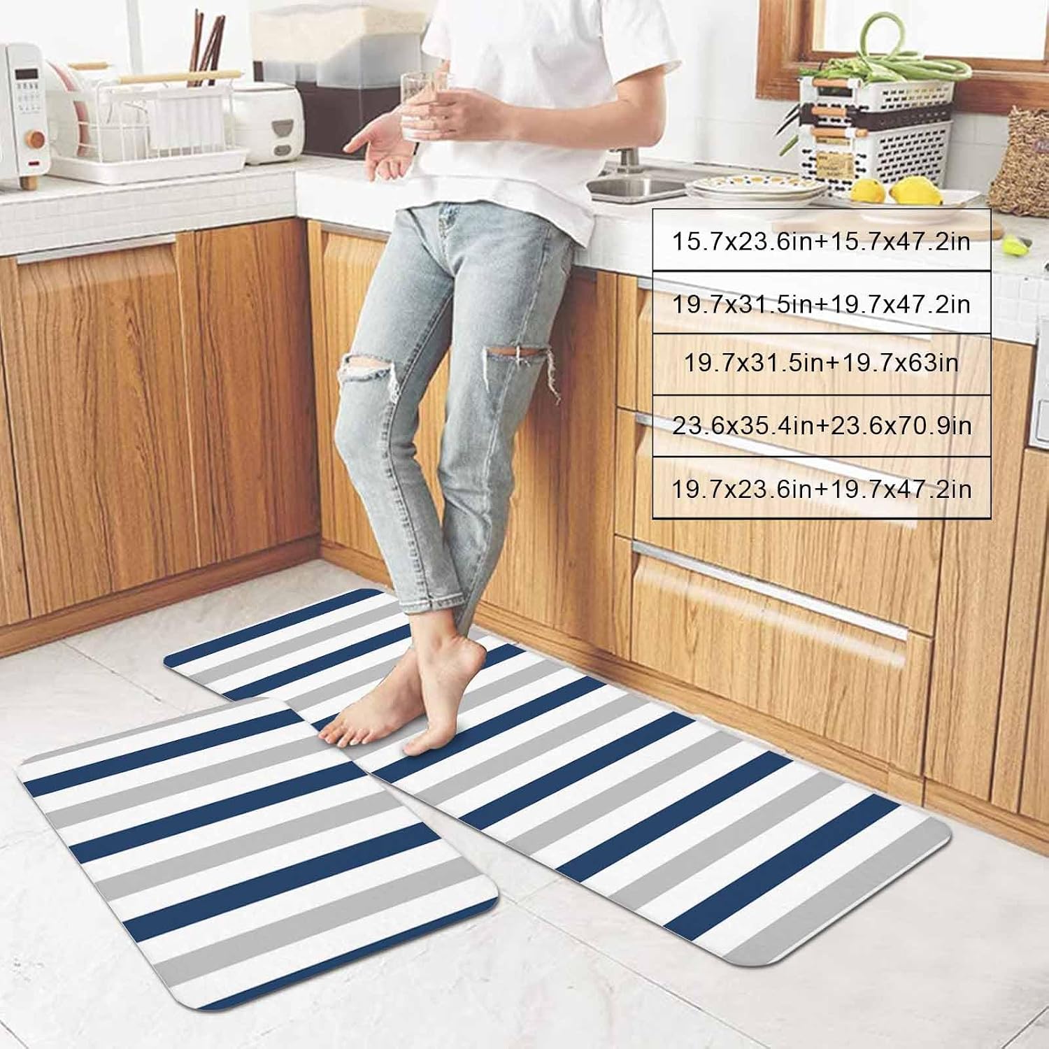 Prime Leader Navy Blue Grey Stripe Kitchen Mat Set 2 Pieces Classic Modern Geometric Abstract Non Slip Kitchen Rugs Washable Runner Rug Mats for Sink Laundry (23.6" x 35.4"+23.6" x 70.9")