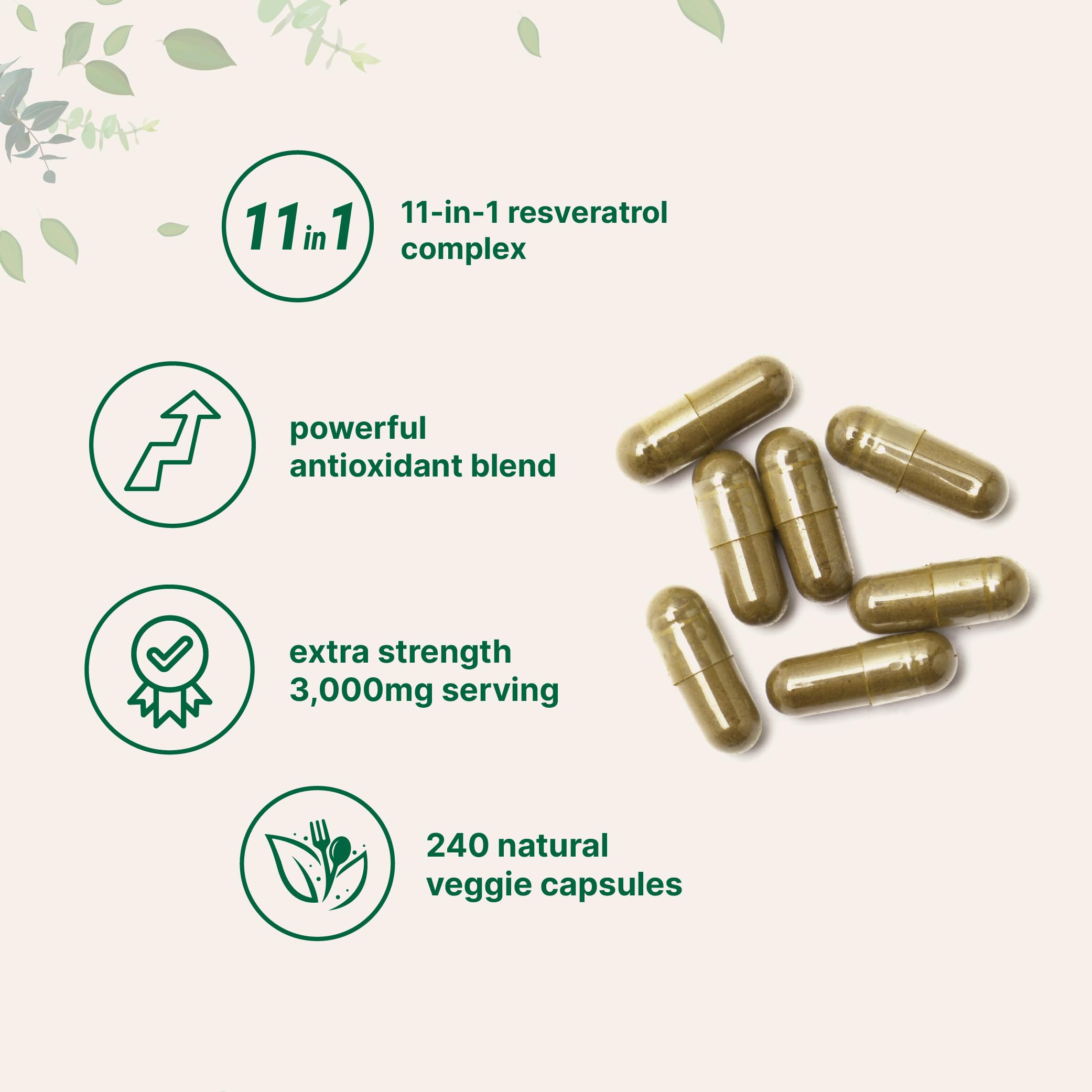 Suplemento de resveratrol NAD+ con microingredientes, 3000 mg, 240 cápsulas vegetarianas | Antioxidant mix 11 in 1 of uva, berberina, quercetina, moringa y más | Immune, heart and brain support