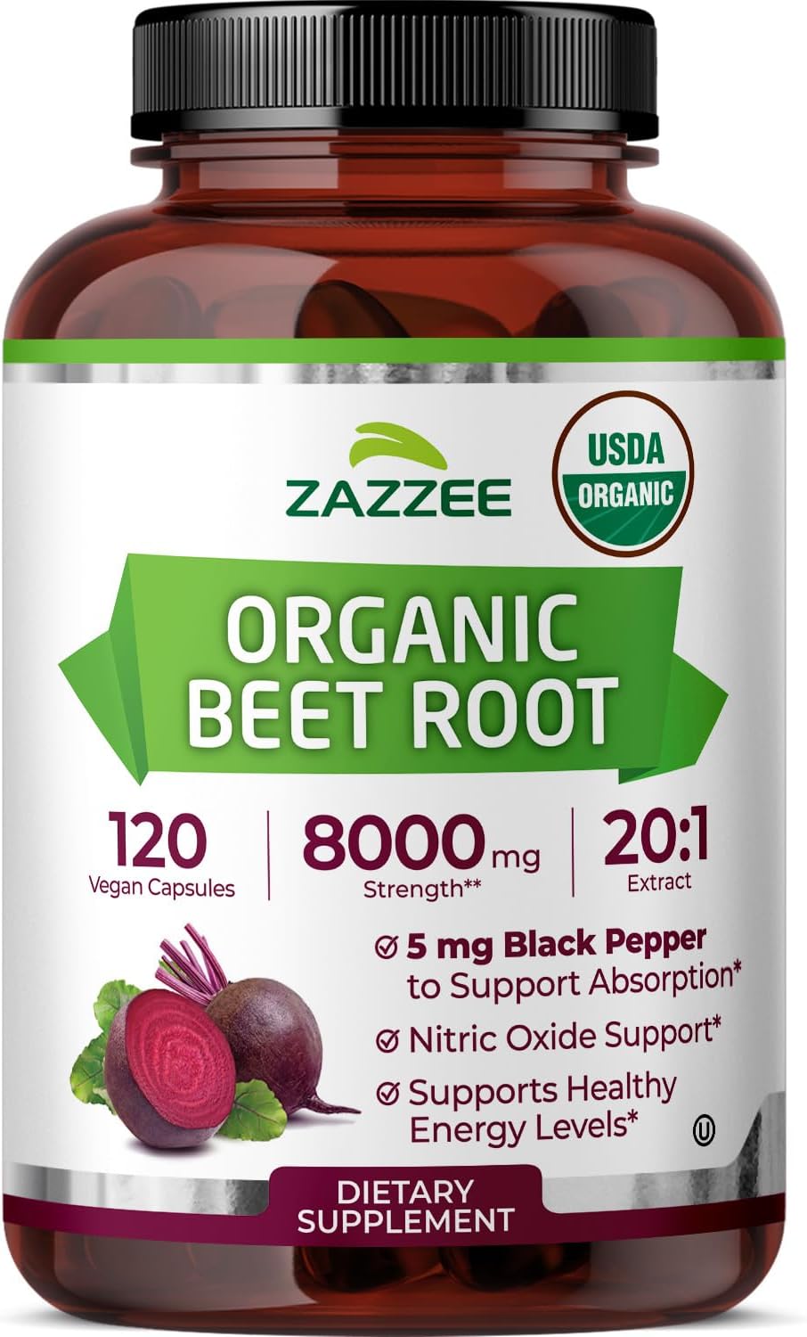 USDA Organic Beet Root 20:1 Extract, 120 Vegan Quick Release Capsules, 4 Month Supply, Nitric Oxide Support, Black Pepper Extract for Enhanced Absorption, Certified Kosher, Non-GMO, Made in USA