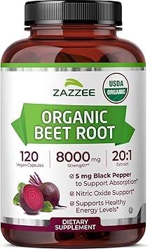 Zazzee USDA Organic Beet Root 20:1 Extract, 120 Vegan Quick Release Capsules, 4 Month Supply, Nitric Oxide Support, Black Pepper Extract for Enhanced Absorption, Certified Kosher, Non-GMO, Made in USA