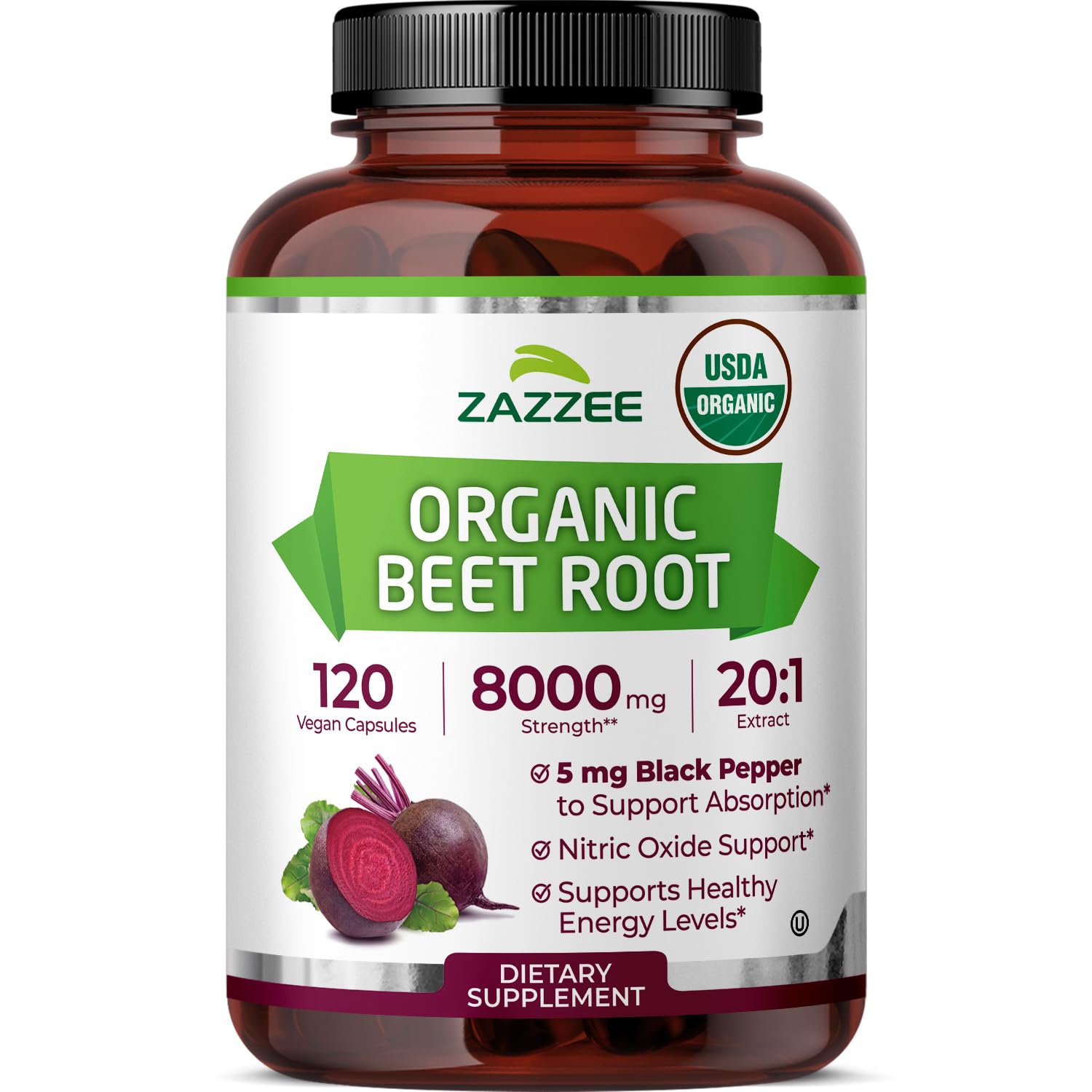 Zazzee USDA Organic Beet Root 8000 mg Strength 20:1 Extract, 120 Vegan Quick Release Capsules, Black Pepper Extract for Enhanced Absorption, Supports Nitric Oxide Production, Non-GMO, Made in The USA
