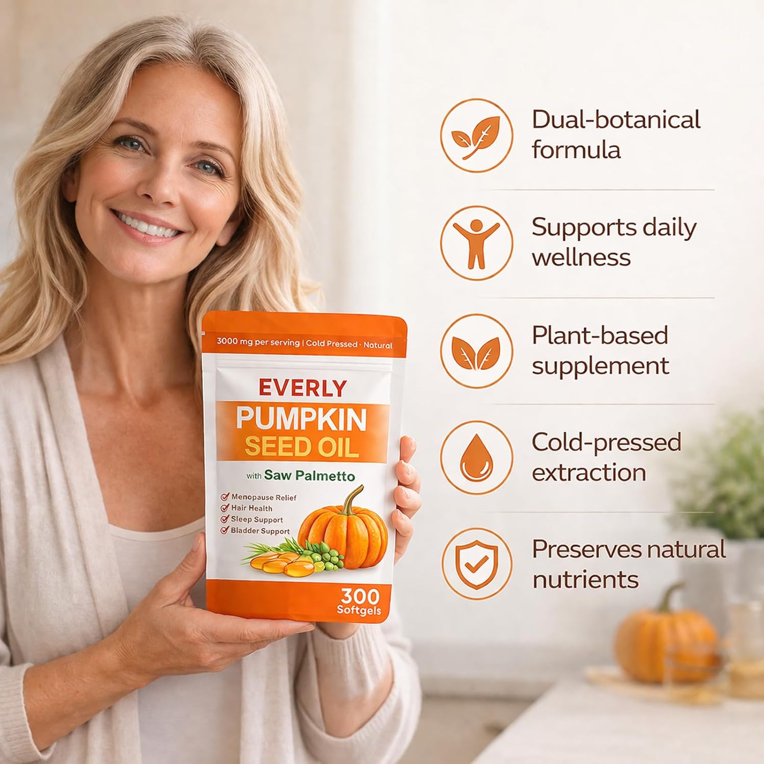 Everly Pumpkin Seed Oil with Saw Palmetto, 3000mg per Serving, Cold Pressed Pumpkin Seed Oil, Supports Hair, Non-GMO, 300 Softgels (1PCS)