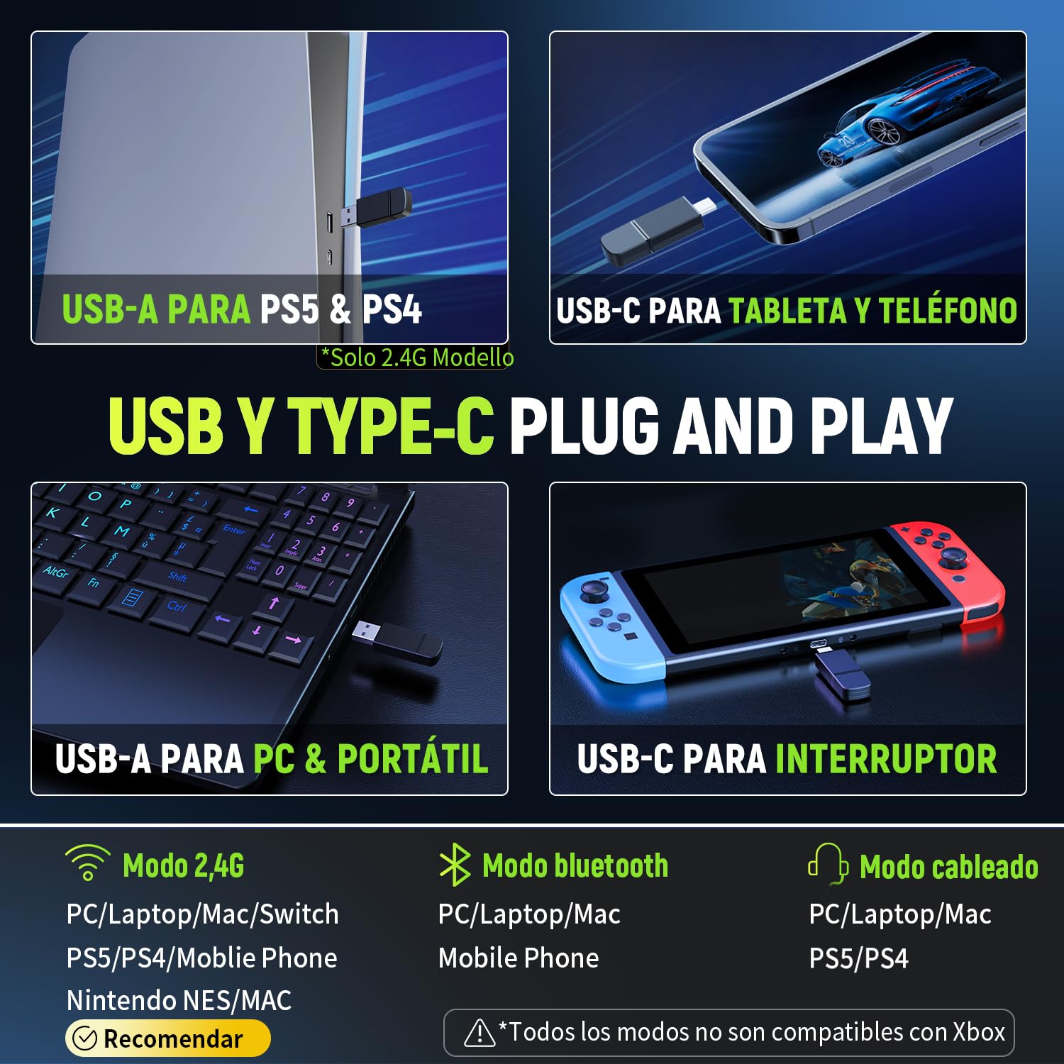 Tatybo Cascos Gaming Inalámbricos para PC/Ps5/Ps4, Auriculares Gaming Inalámbricos con 2,4 GHz+Bluetooth 5,3 Modo Dual, 7.1 Sonido Envolvente, Duración 40Hr+