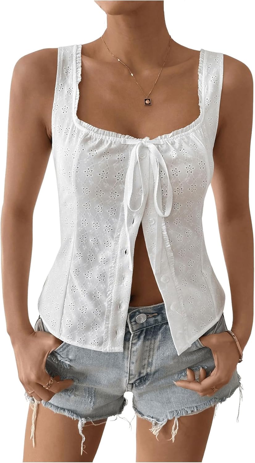Floerns Women's Button Front Sleeveless Eyelet Embroidery Sleeveless Tank Top