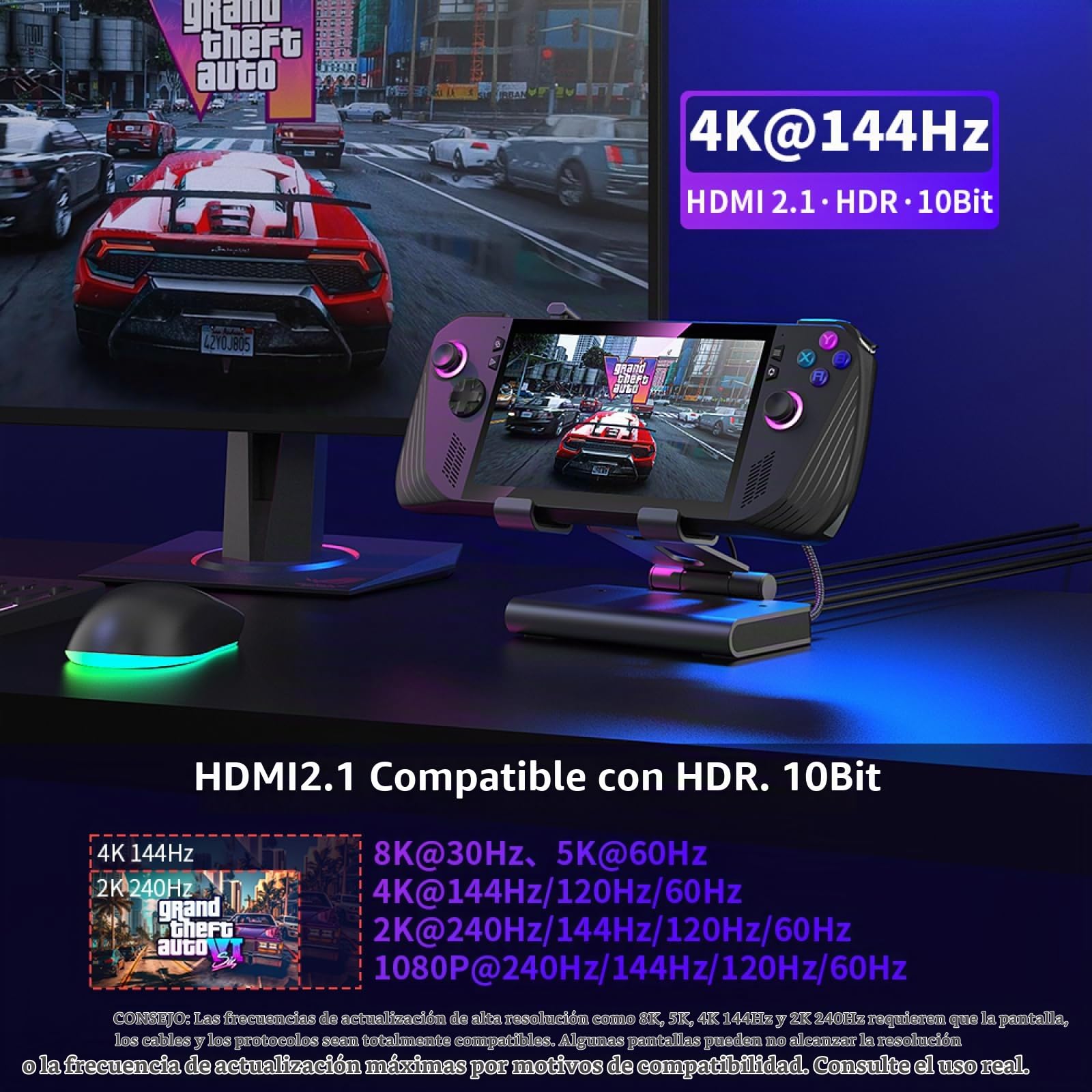 Estación de acoplamiento para ROG Ally X para Steam Deck, para MSI Claw, para LEGION Go con ventiladores duales 4K 144Hz HDMI 2.1 100W PD USB 3.2 Gigabit Ethernet Soporte ajustable (con luces)