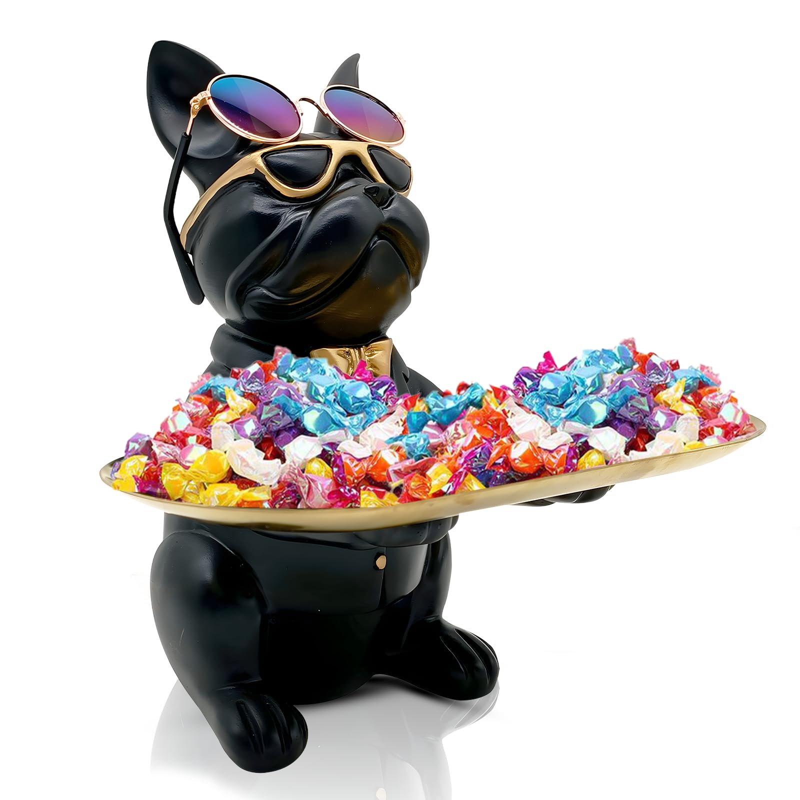 Huhote Black French Bulldog Statue,Resin Bulldog Decor With Tray, Candy Dish Key Holder Bowl Storage Ornament Sculpture For Home Decor,Accessories For Office Desk Figurines Entryway Table Decor (Sitting,)
