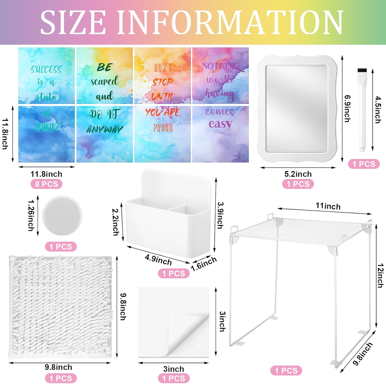 Colarr 17 Pcs Locker Organizer and Decorating Kit Back to School Essentials Include Magnetic Locker Wallpaper Locker Shelf Pencil Holder with Marker Mirror Rug Sticky Note (White,Watercolor Style)