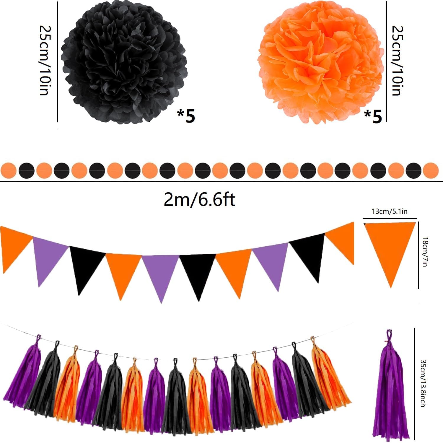 Black Orange Party Decoration, Tissue Paper Pompoms Paper Tassel Bunting Banner Party Accessories for Halloween Decoration Haunted House Decor Spider Bat Ghost Background