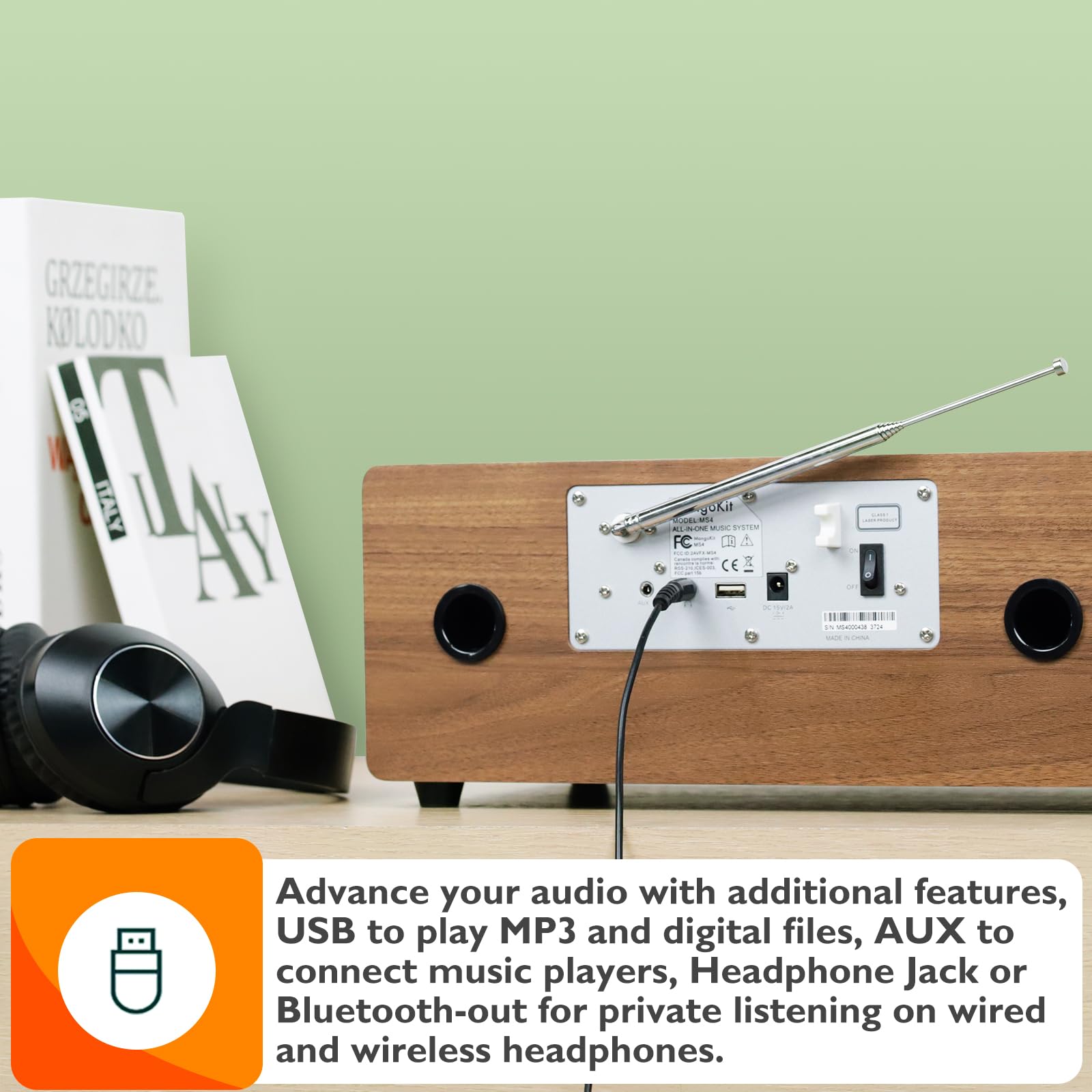 MS4 Lettore CD Radio DAB Sistema Hifi I Bluetooth I Potente sistema stereo I Radio digitale DAB+IAcoustic Wood Cabinet I Lettore CD I 40 preset, Jack per cuffie I Finitura noce