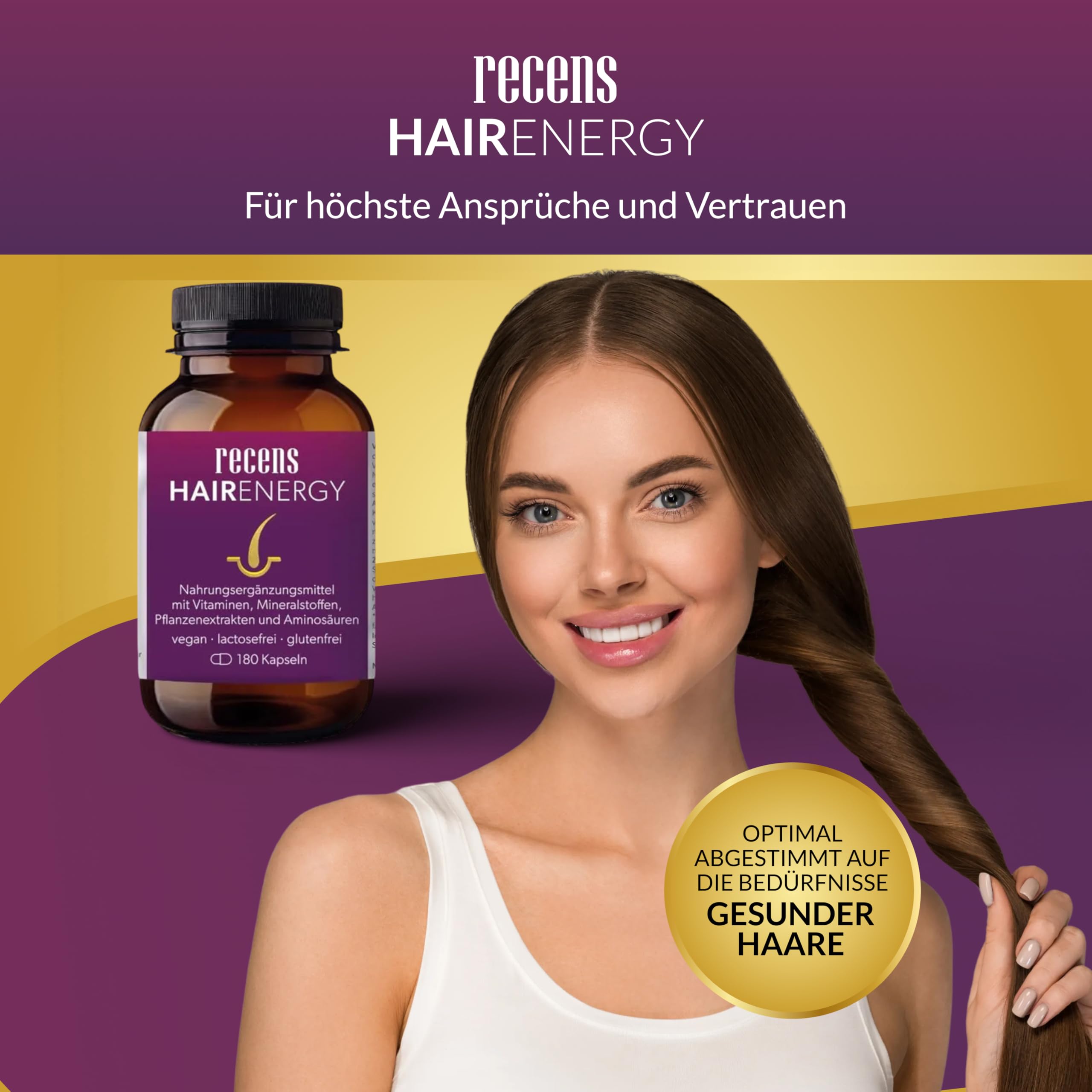 recens Hair Energy – Premium Haar-Vitamine mit Biotin, Zink, Selen, Aminosäuren & Pflanzenextrakten – Für die Erhaltung normaler Haare – vom Apotheker entwickelt – 180 Kapseln (3 Monate)