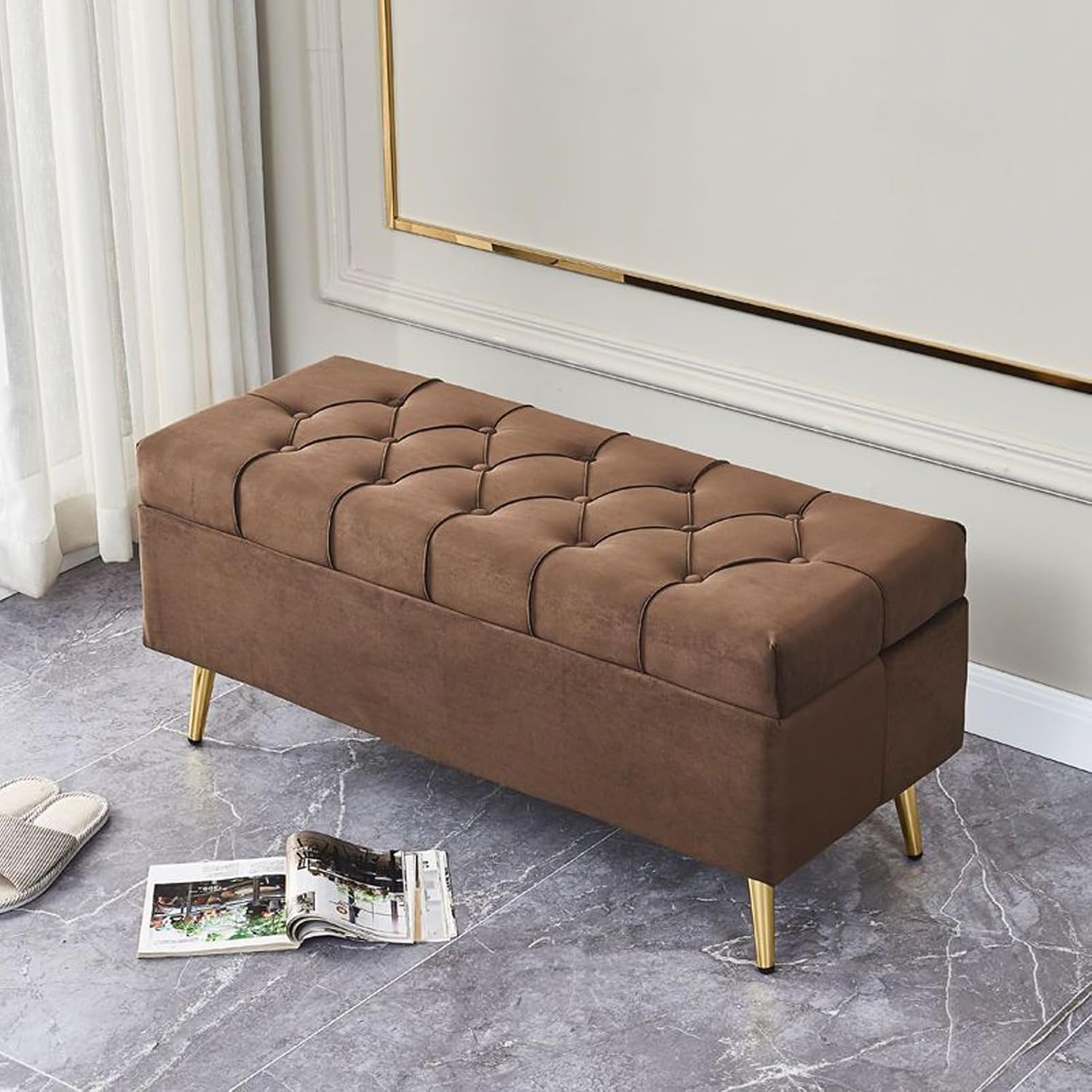 Generic Storage Ottoman, Upholstered End of Bed Bench with Seating for Bedroom, Modern Velvet Storage Bench with Button-Tufted for Living Room, 80x40x45cm, Mint Green