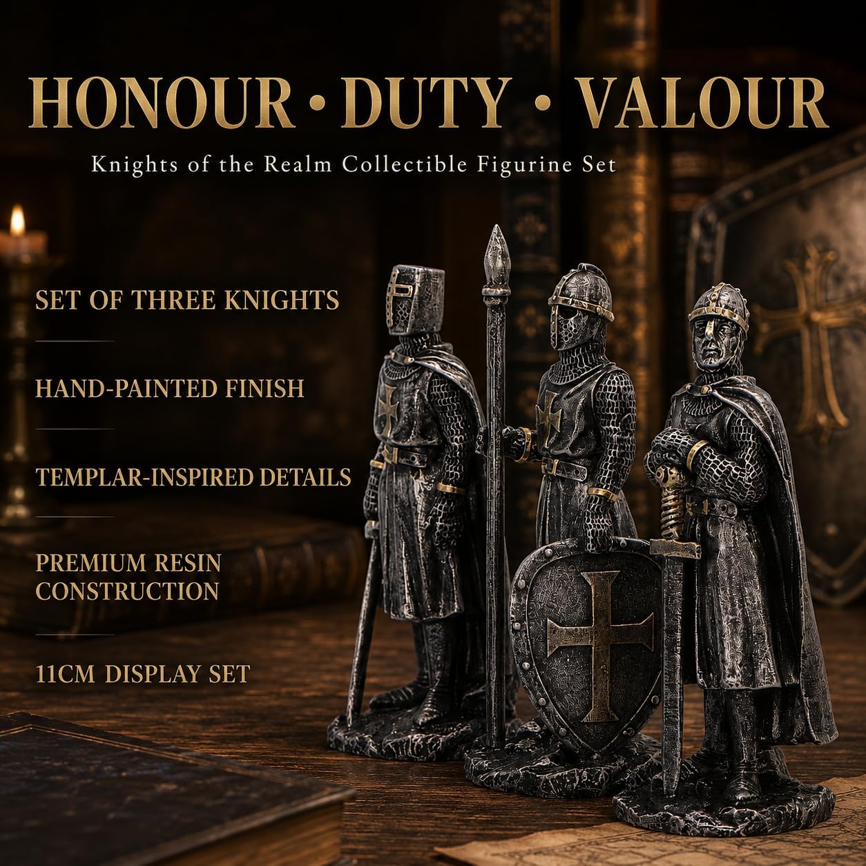 Nemesis Now Knights of The Realm Figurine Set of 3, Medieval Templar Knights with Silver Finish, Golden Crests, Hand-Painted Resin Figures with Rock Base image 4
