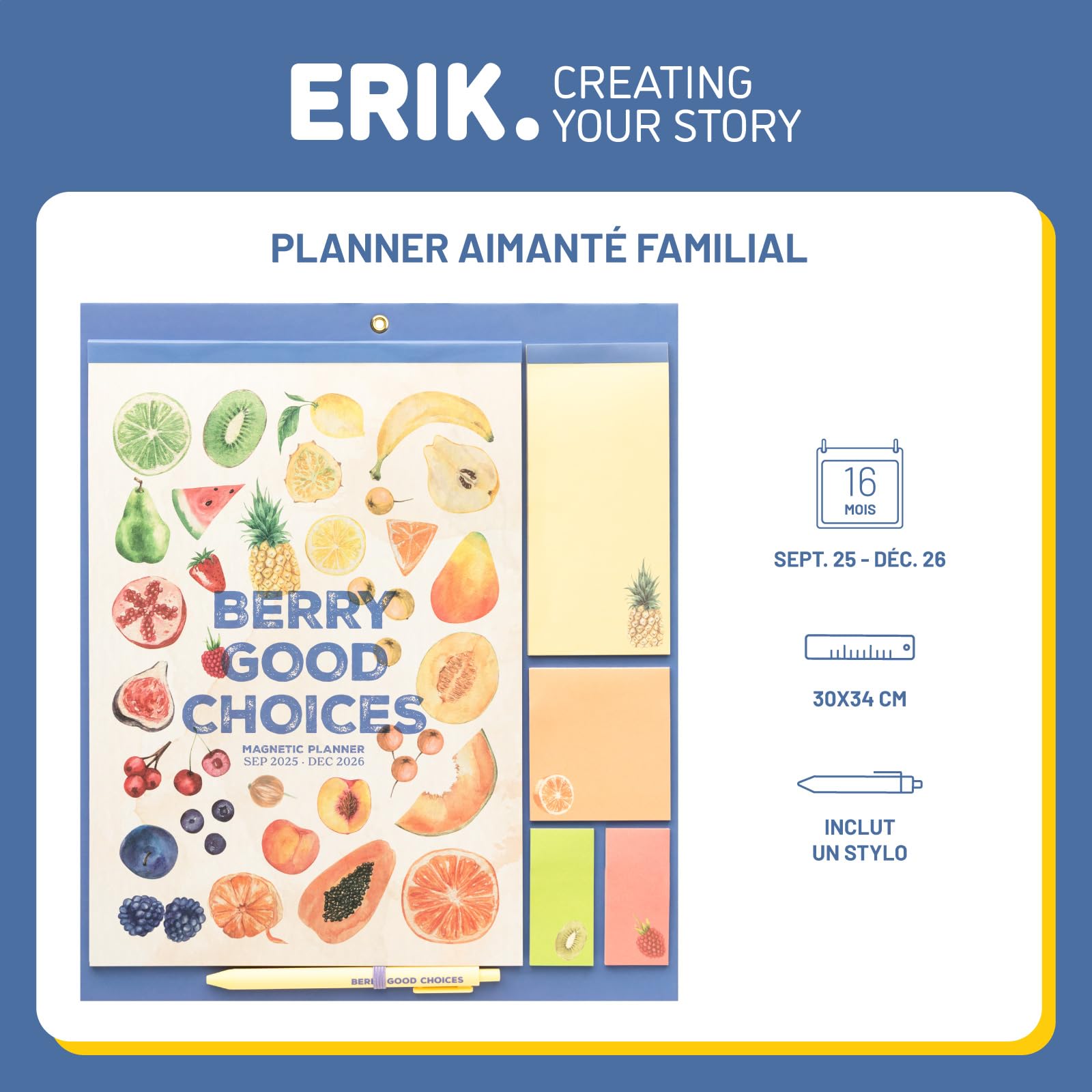 Calendrier Magnétique Frigo Fruits 2025-2026 | Planificateur Mensuel 16 mois Grupo Erik