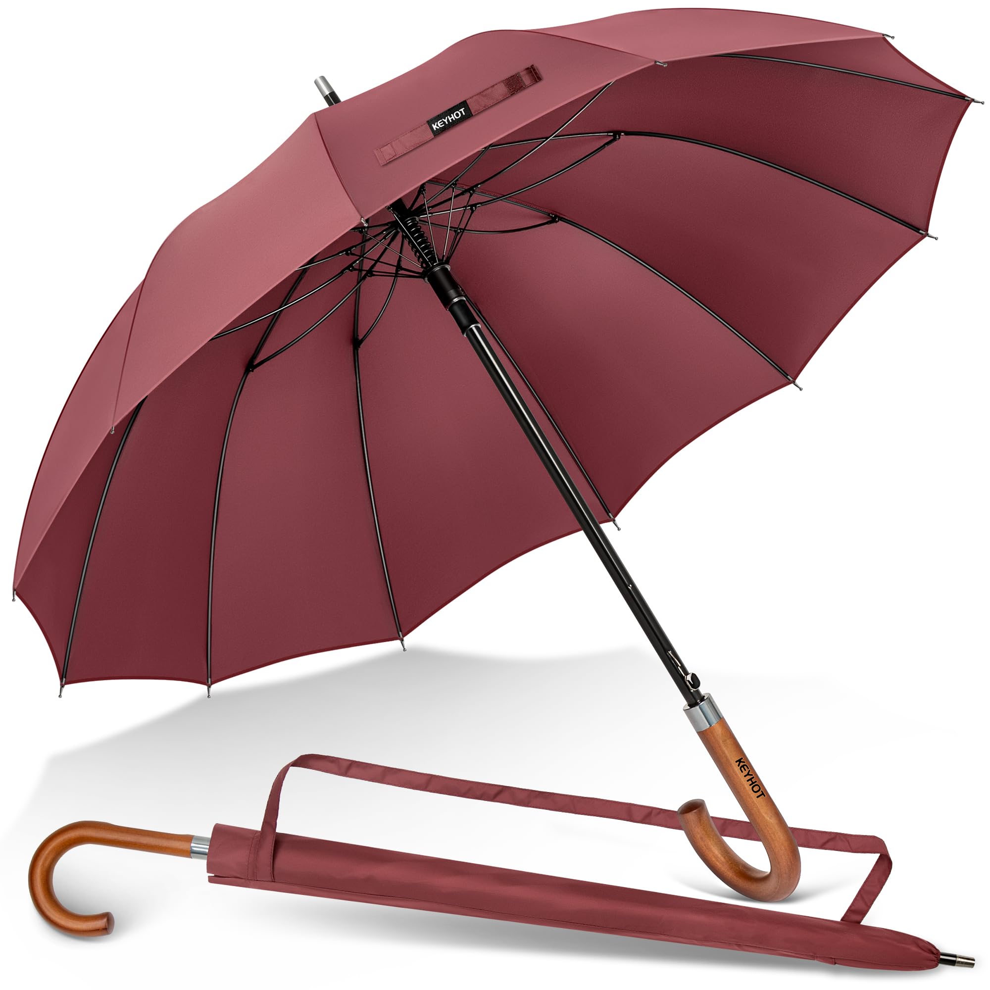 Grand parapluie avec poignée en bois de 140 cm, long ouverture automatique, robuste, 12 baleines pour la pluie avec crochet en J pour adulte, homme et femme (bordeaux)