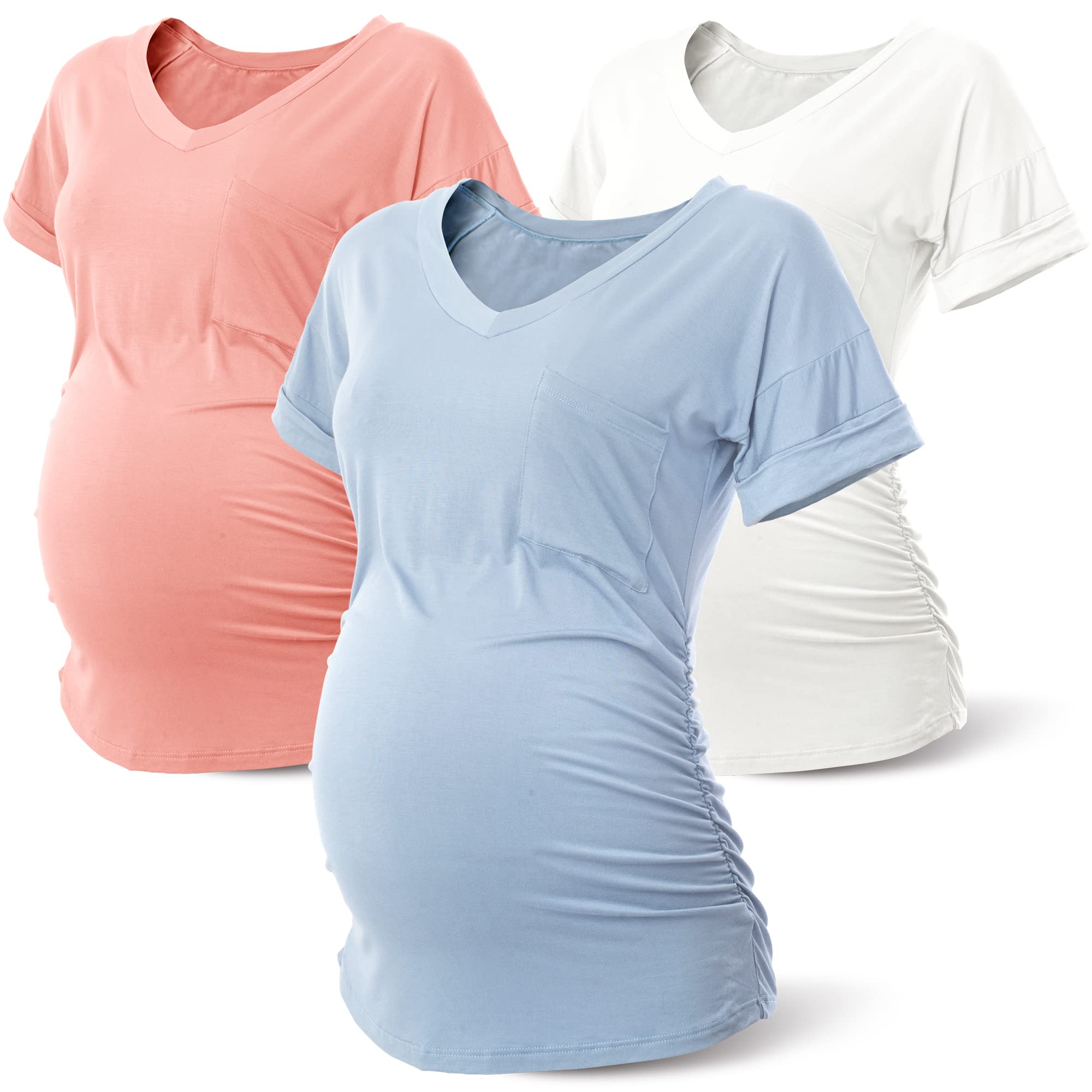 Rnxrbb Long Enough Maternity Shirts Short Sleeve Summer Pregnancy Tops& Tees Clothes V Neck Casual Outfits for Women 3 Pack
