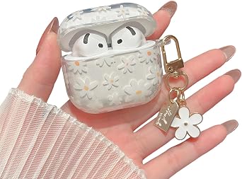 MINSCOSE Compatible with AirPods 4 Clear Case,Cute Flower Pattern Design with Floral Keychain, Soft TPU Protective Shockproof Cover for AirPods 4th Generation for Women Girls-White Flower