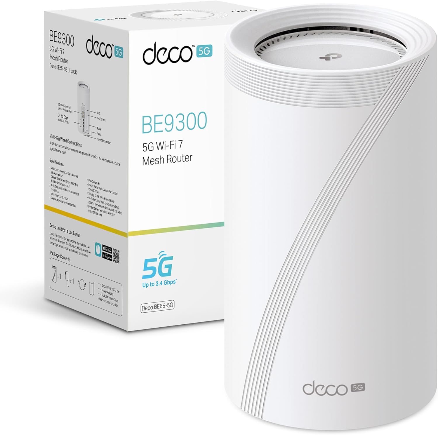 TP-Link Deco BE65-5G Router 5G WiFi 7, Wi-Fi Mesh Ultraveloce Tri-Band fino a 9214Mbps, 3 Porte 2.5Gbps, Connetti fino a 200 Dispositivi, Banda 6GHz,