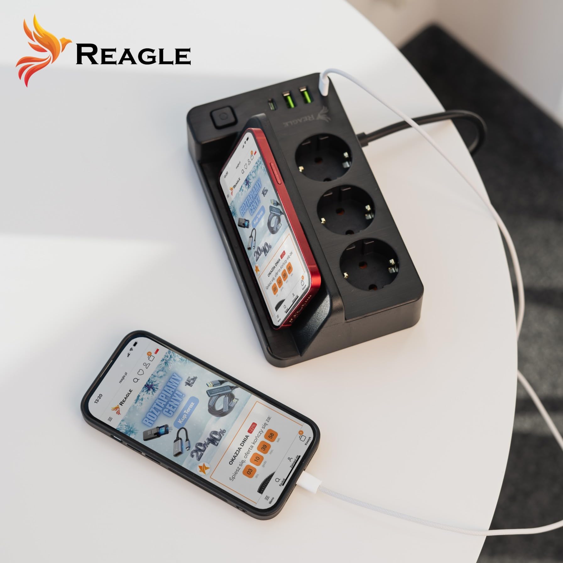 Reagle Listwa zasilająca z 4 portami USB, 3 gniazda, 230 V, z przełącznikiem Save Energy, oszczędzająca energię, do domowego biura z ochroną przed przepięciem 3 m