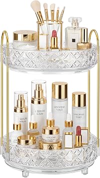 360 Rotating Makeup Organizer for Vanity, 2 Tier Adjustable Perfume Organizer for Dresser, Multi-Function Spinning Cosmetics Skincare Storage for Bedroom, Dresser, Countertop, Clear
