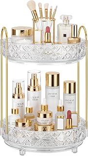 360 Rotating Makeup Organizer for Vanity, 2 Tier Adjustable Perfume Organizer for Dresser, Multi-Function Spinning Cosmetics Skincare Storage for Bedroom, Dresser, Countertop, Clear
