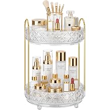 360 Rotating Makeup Organizer for Vanity, 2 Tier Adjustable Perfume Organizer for Dresser, Multi-Function Spinning Cosmetics Skincare Storage for Bedroom, Dresser, Countertop, Clear