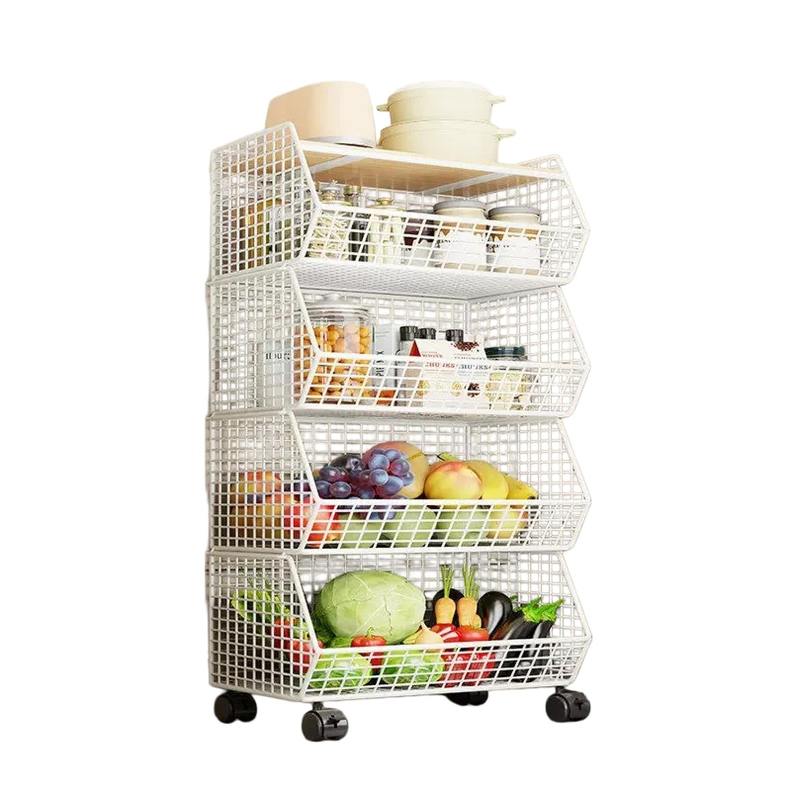 ZYYANSHOP Kitchen Storage Cart 4-Tier Rolling Storage Cart Movable Vegetable Basket and Toy Organizer Shelf(White)