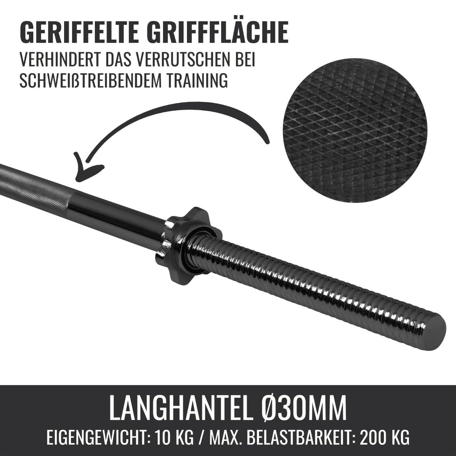 GORILLA SPORTS® Langhantelstange - 170cm, mit 2 Sternverschlüssen, 30mm, bis 200kg belastbar, Griff gerändelt, rutschfest, Chrom, Silber/Schwarz - Hantelstange, Langhanteln, Langhantel-Stange
