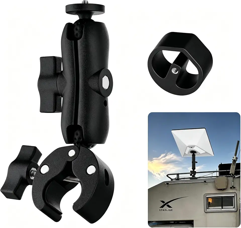 Suporte para Starlink Mini - Base de Montagem 360° Ajustável com Braçadeira para Carro, Trailer, Barco, Telhado e Poste - Estrutura em Ferro e Liga de Alumínio