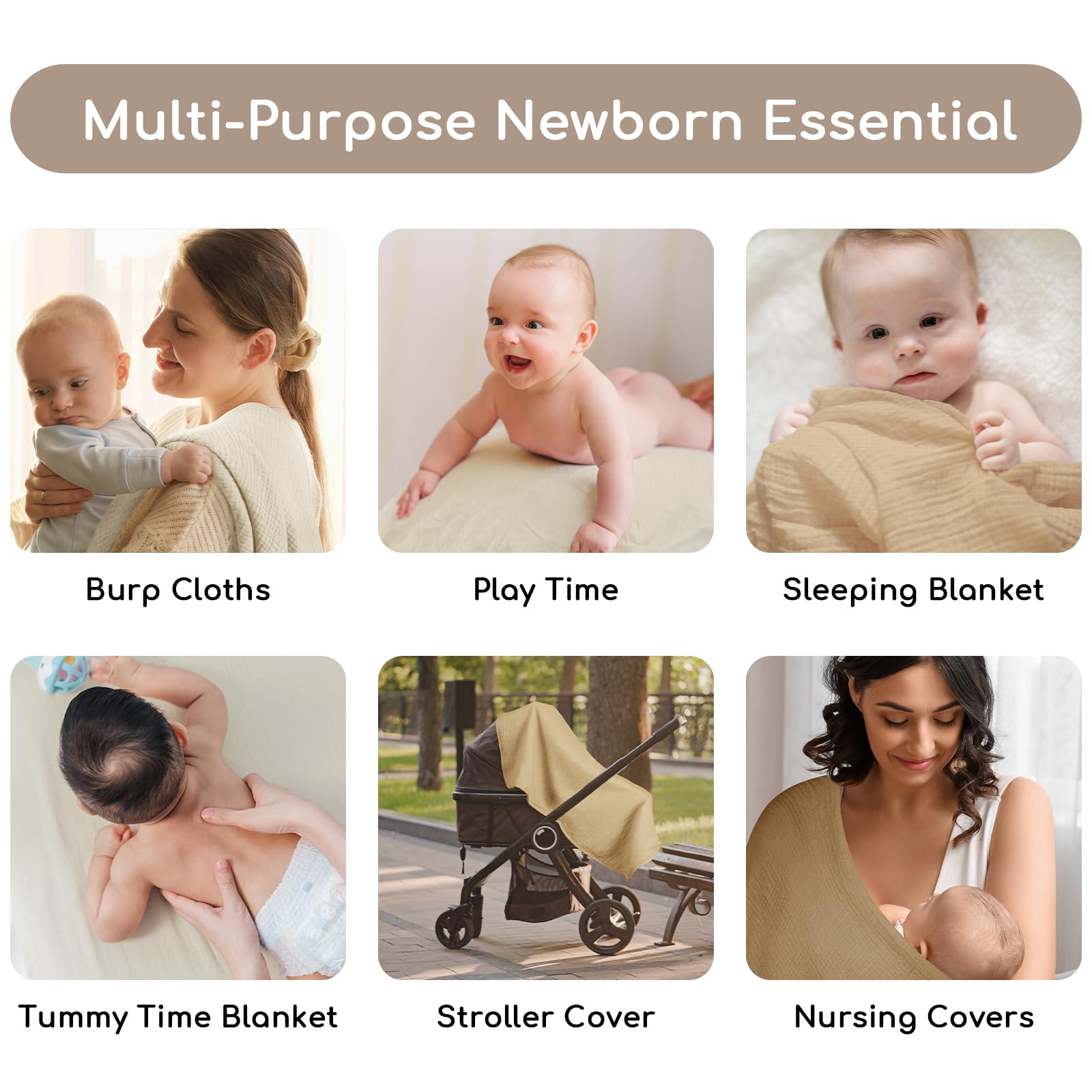 Pañuelo cuadrado de muselina para bebé, 5 paquetes de 60 x 60 cm de algodón para recién nacidos, absorbentes y transpirables e ideales para limpiar, para padres, beige y marrón
