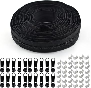 #3 Nylon Coil Zipper 10 Yards Zipper Roll for Sewing Nylon Coil with 20pcs Black Sliders and 30pcs Zippers Stops for DIY Sewing Tailor Crafts Bages Black/ 10Yards