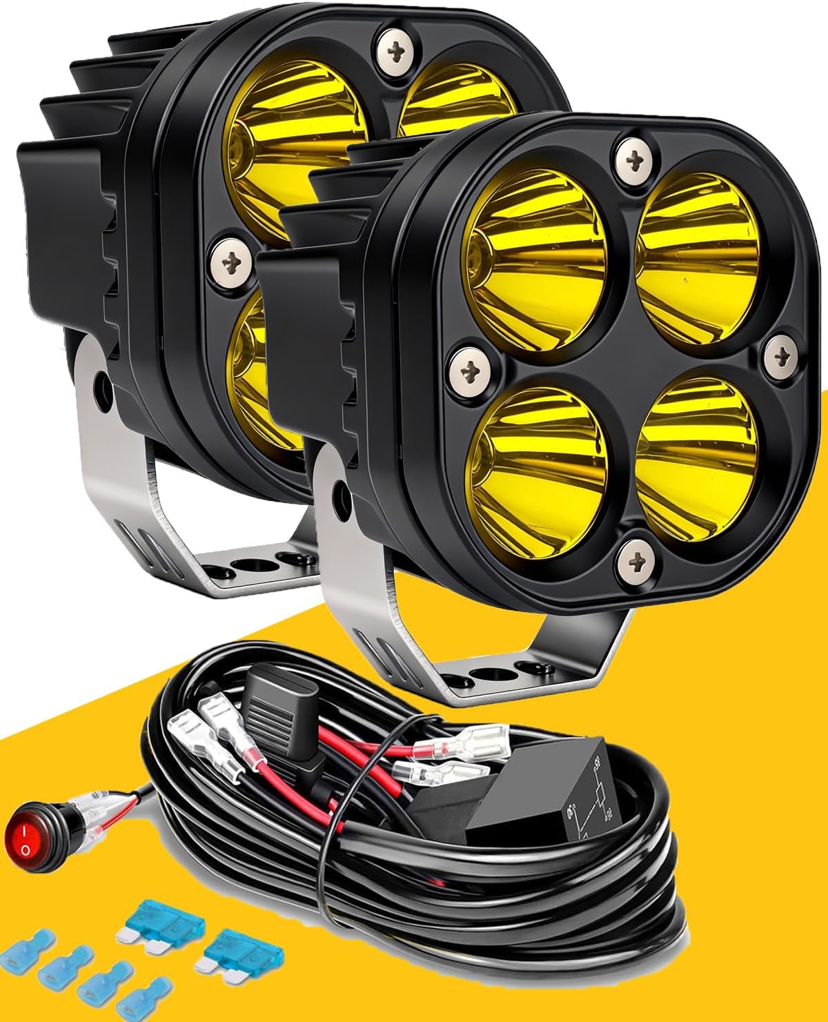 LED Pod Lights & Ditch Lights for Off Road: 3-4 Inch Amber pod Lights with Plug & Play Wiring Harness, Waterproof High Lumen for Truck, Jeep, ATV, Motorcycle | Driving & yellow Fog Light Kit