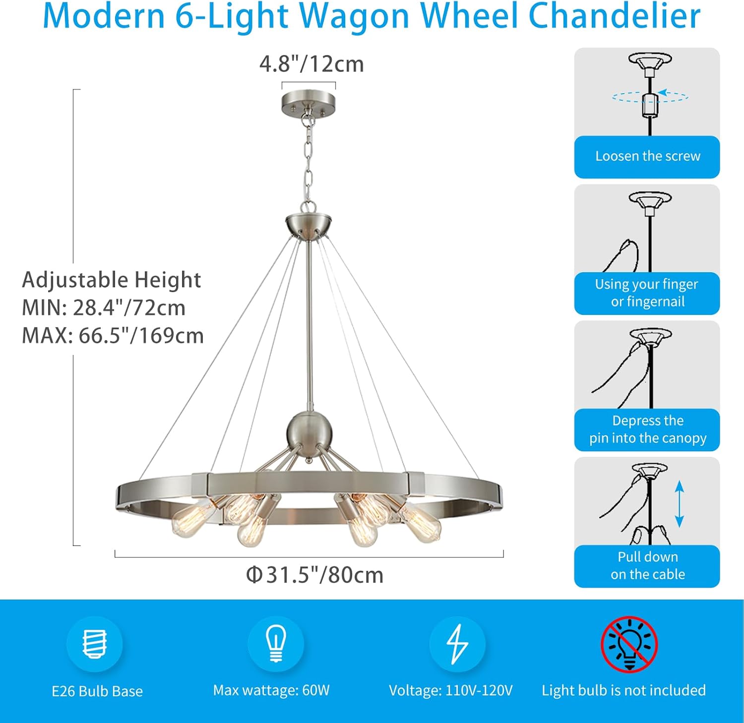 XINGQI Modern Farmhouse Chandelier Large 6-Lights, Rustic Wagon Wheel Chandelier Brushed Nickel Retro Ceiling Pendant Light for Dining Room Living Room Large Round Light Fixture, 31.5"