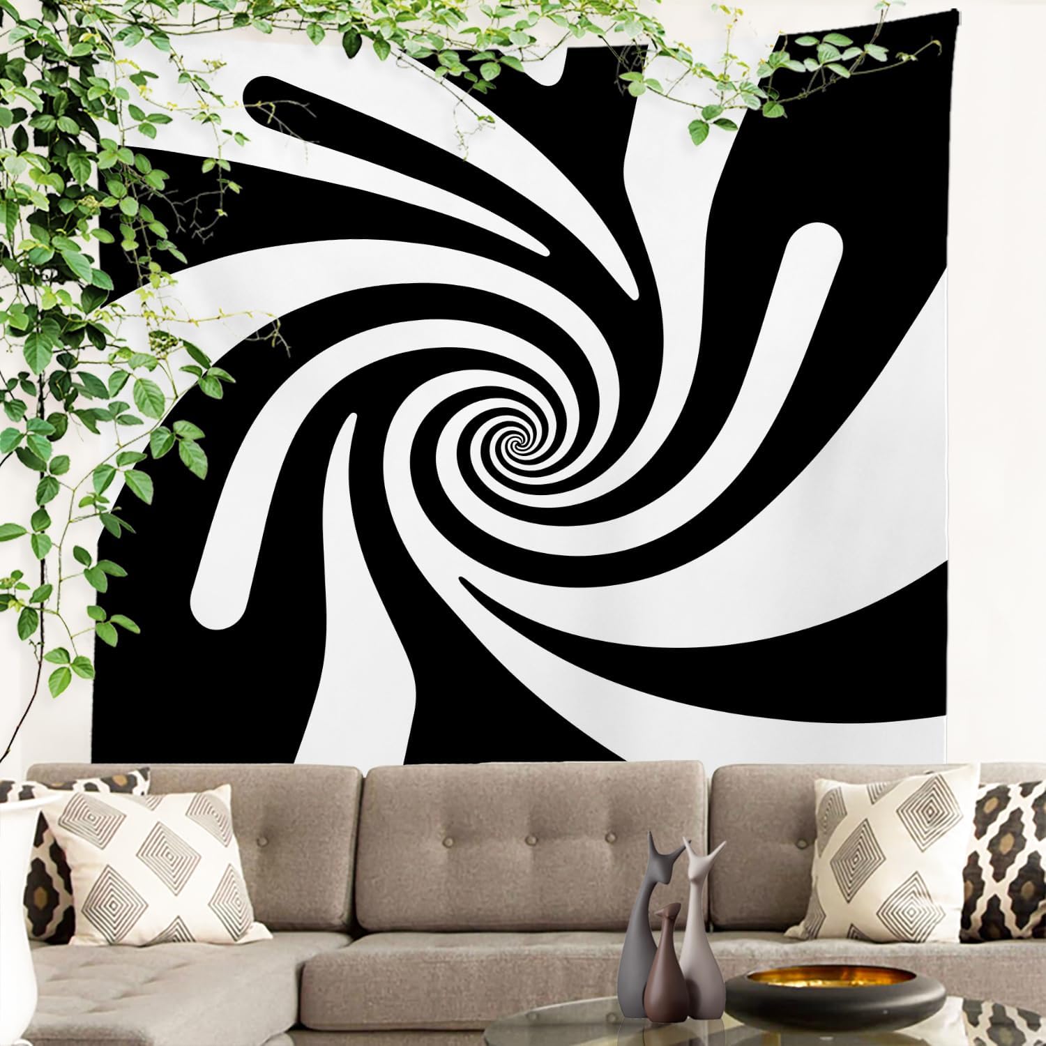 Batmerry Black And Tapestry, White Psychedelic Vortex Wall Art Hanging Decoration Polyester Fiber White Ruffled Around For Dorm Room Bedroom Living Room, 78.7X90.6 Inches
