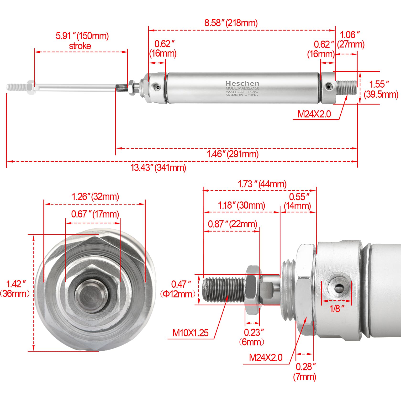 Heschen Vérin pneumatique mince, MAL 32-150, PT1/8'' Port, Alésage 32mm, Course 150mm, Double Effet