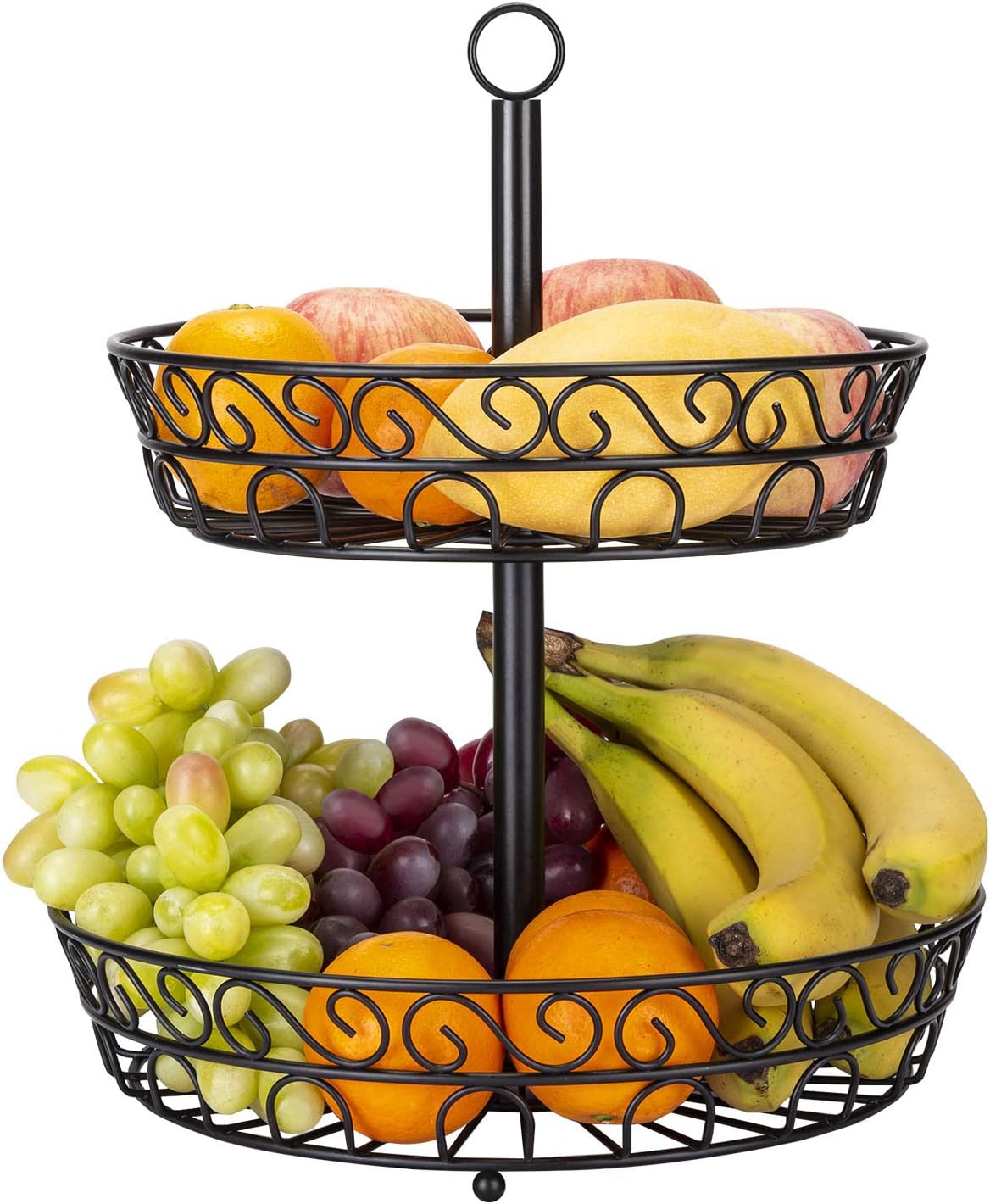 TOROTON 2 Tier Fruit Bowl, Countertop Metal Fruit Basket Rack, Display Stand for Fruit Vegetable Bread - Black