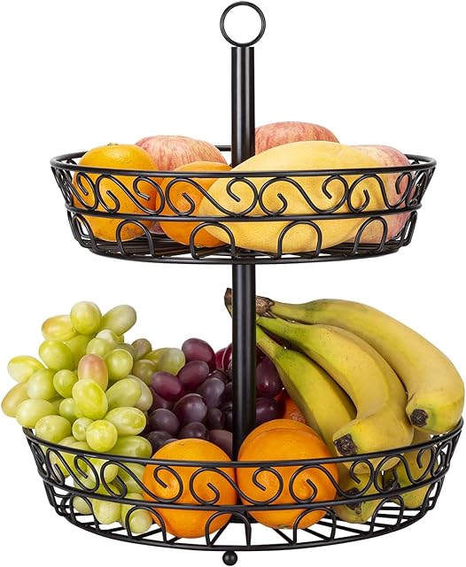 TOROTON 2 Tier Fruit Bowl, Countertop Metal Fruit Basket Rack, Display Stand for Fruit Vegetable Bread - Black