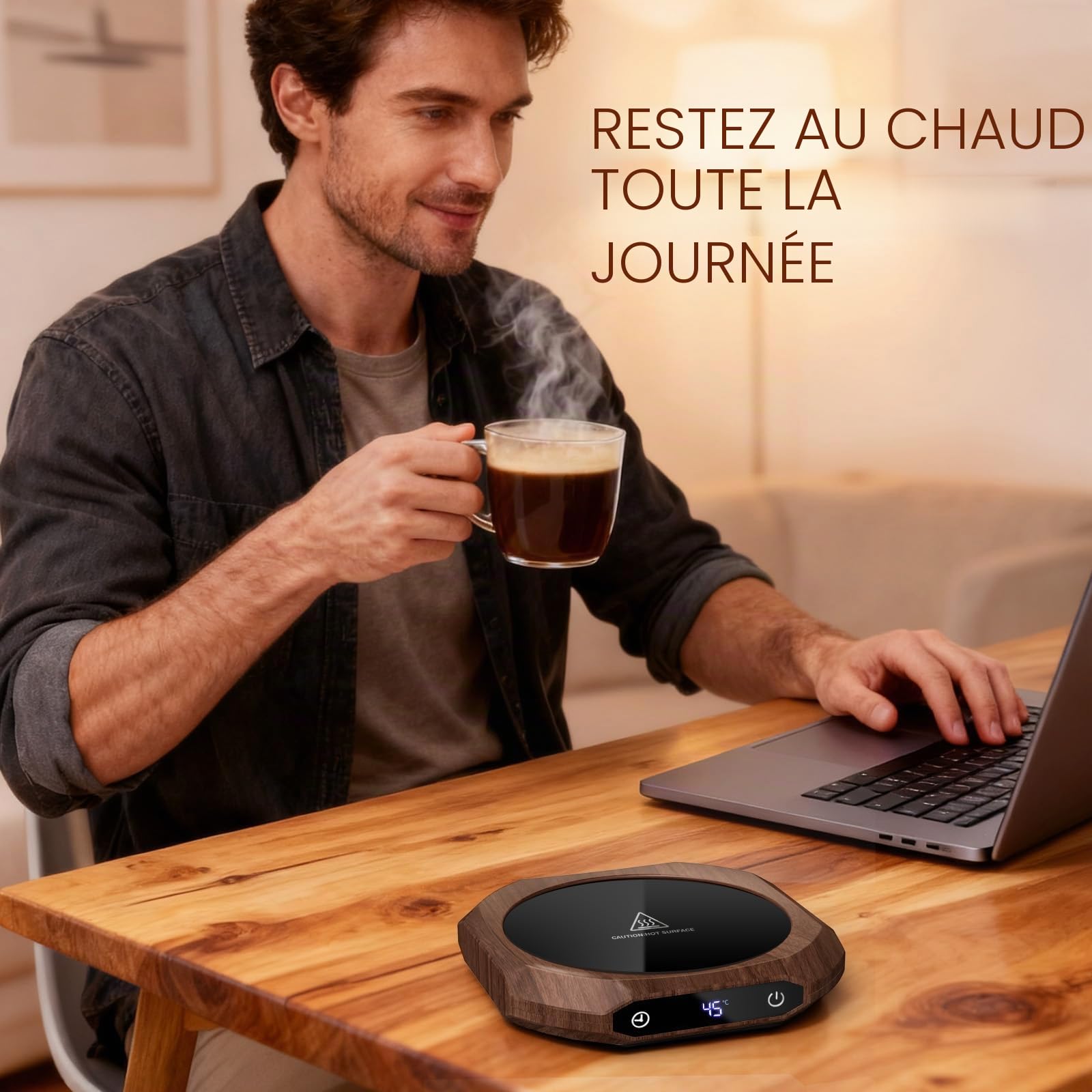 Chauffe Tasse, Chauffe café pour Bureau, Chauffe-Tasse à café,1-12H arrêt Automatique,Chauffe-Bougie Intelligent avec 3 réglages de température, Chauffe-Boisson électrique (Marron)