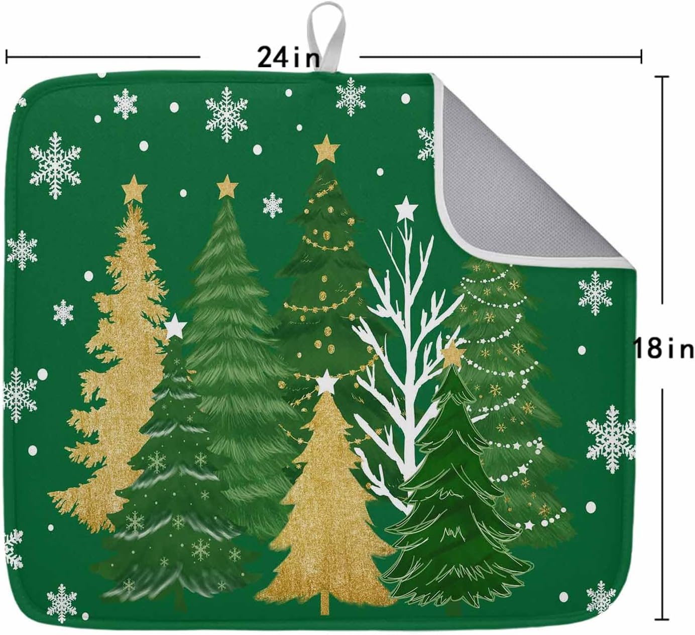 Dish Drying Mat 18 x 24 Inch, Green Christmas Trees Absorbent Microfiber Coffee Mats for Kitchen Golden Xmas Trees Snowflake Winter Quick Drying Dish Drainer Pad 2 Pack