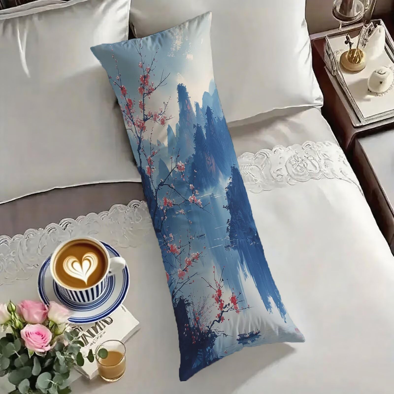 Taie de traversin 60x180 cm rose et marine motif avec fermeture éclair invisible O-1922