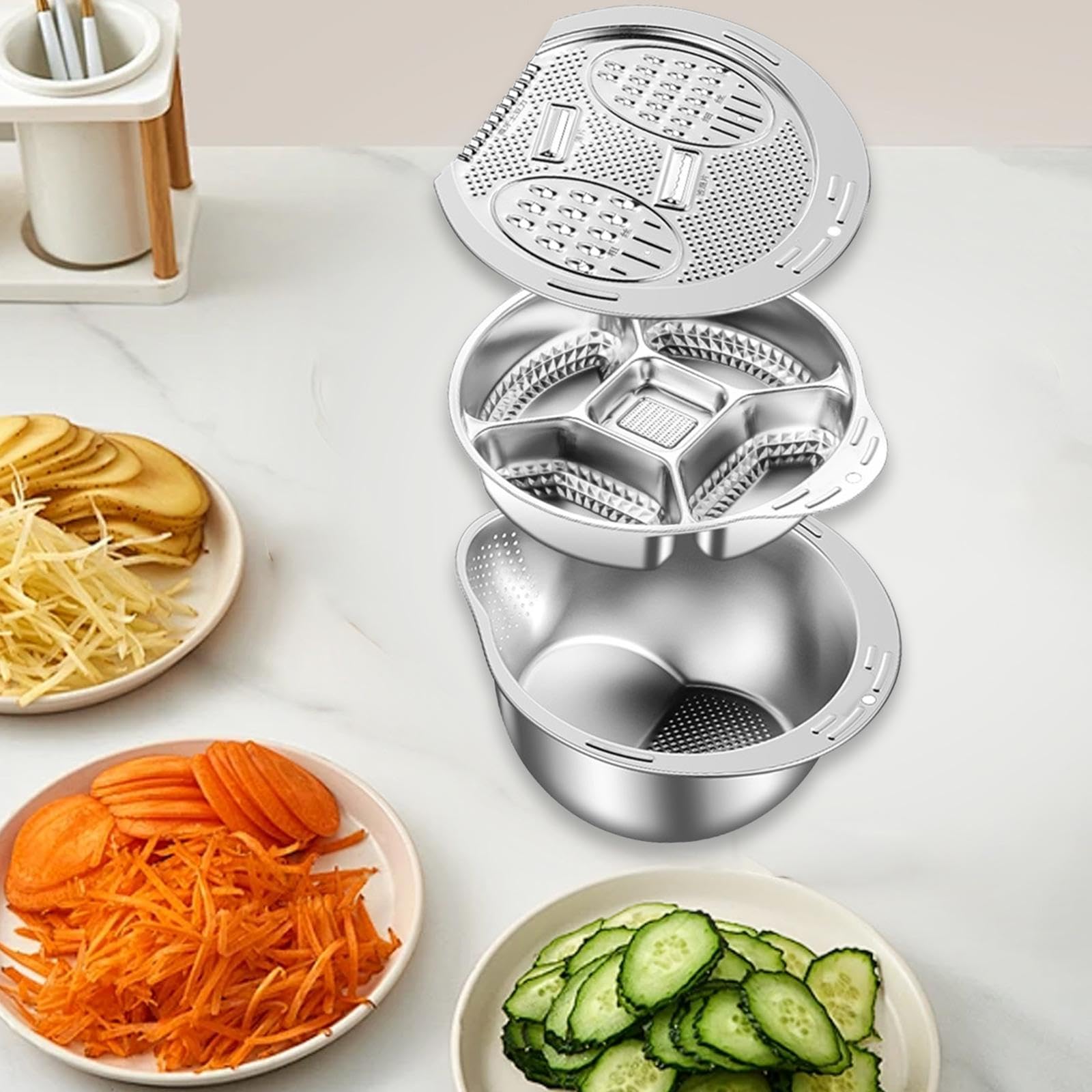 Colador Multifuncional, Juego de para Arroz, Rallador de Acero Inoxidable, Cesta para Verduras, Recipiente para Lavar Alimentos, Resistente a, Acero Inoxidable 201, tal como se describe