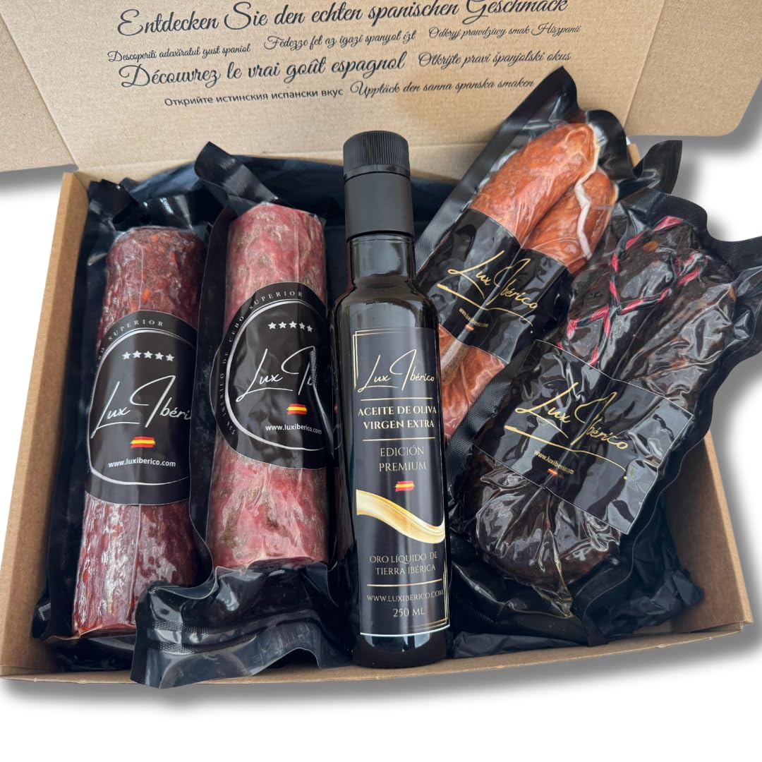 Caja Regalo Gourmet "Regina" - Embutido Ibérico, Morcilla y Aceite | Chorizo y salchichón ibérico de 500g, morcilla patatera, achorizada picante y aceite de oliva virgen extra.
