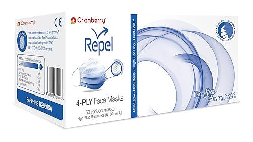 Cranberry USA R2960SIcase Repel - Máscara facial de 4 capas, ASTM nivel 3, color plateado (paquete de 400)