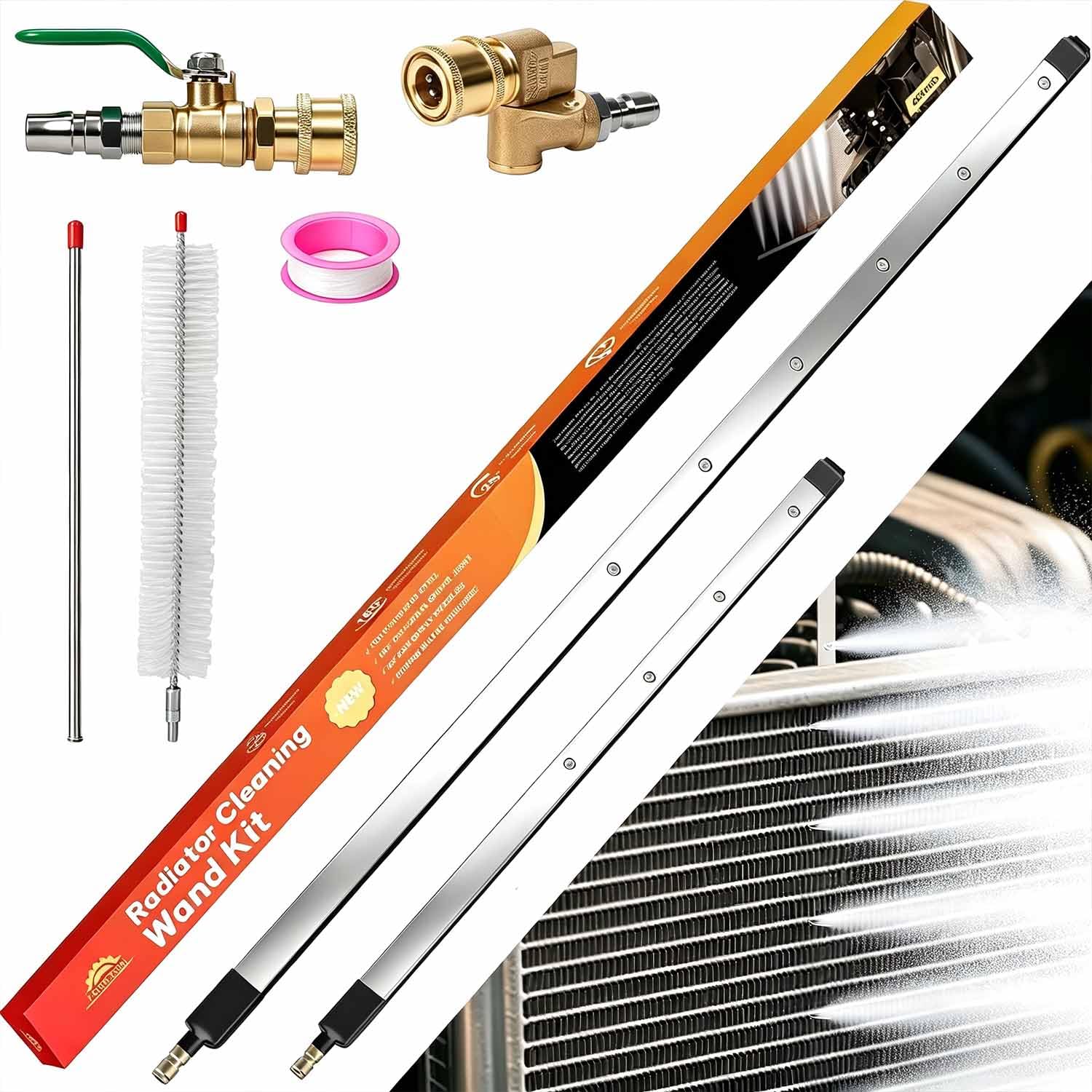 FREEYOU 40"&24” 2Pcs Set Radiator Cleaning Wand for Car,Truck and Other Vehicles,Water and Air Dual-Use 4500 PSI Pressure Washer Tool with 25° Fan Nozzles,Connectors,Cleaning Brush