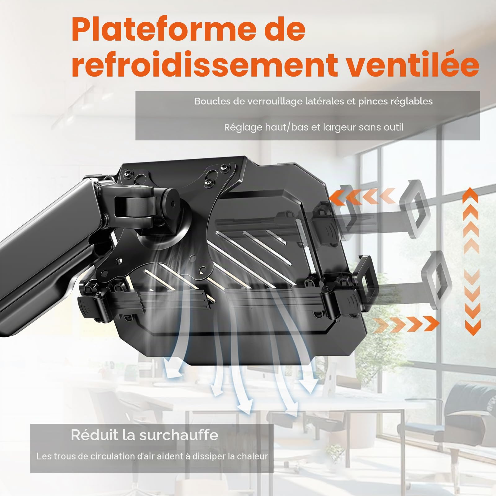 Support Mural avec Plateau Ventilé pour Ordinateur Portable 12"-17",Réglable en Hauteur Bras de Ecran PC,Plateforme de Refroidissement Ventilée,Gestion des Câbles,Capacité de Charge:9KG,VESA 75/100mm