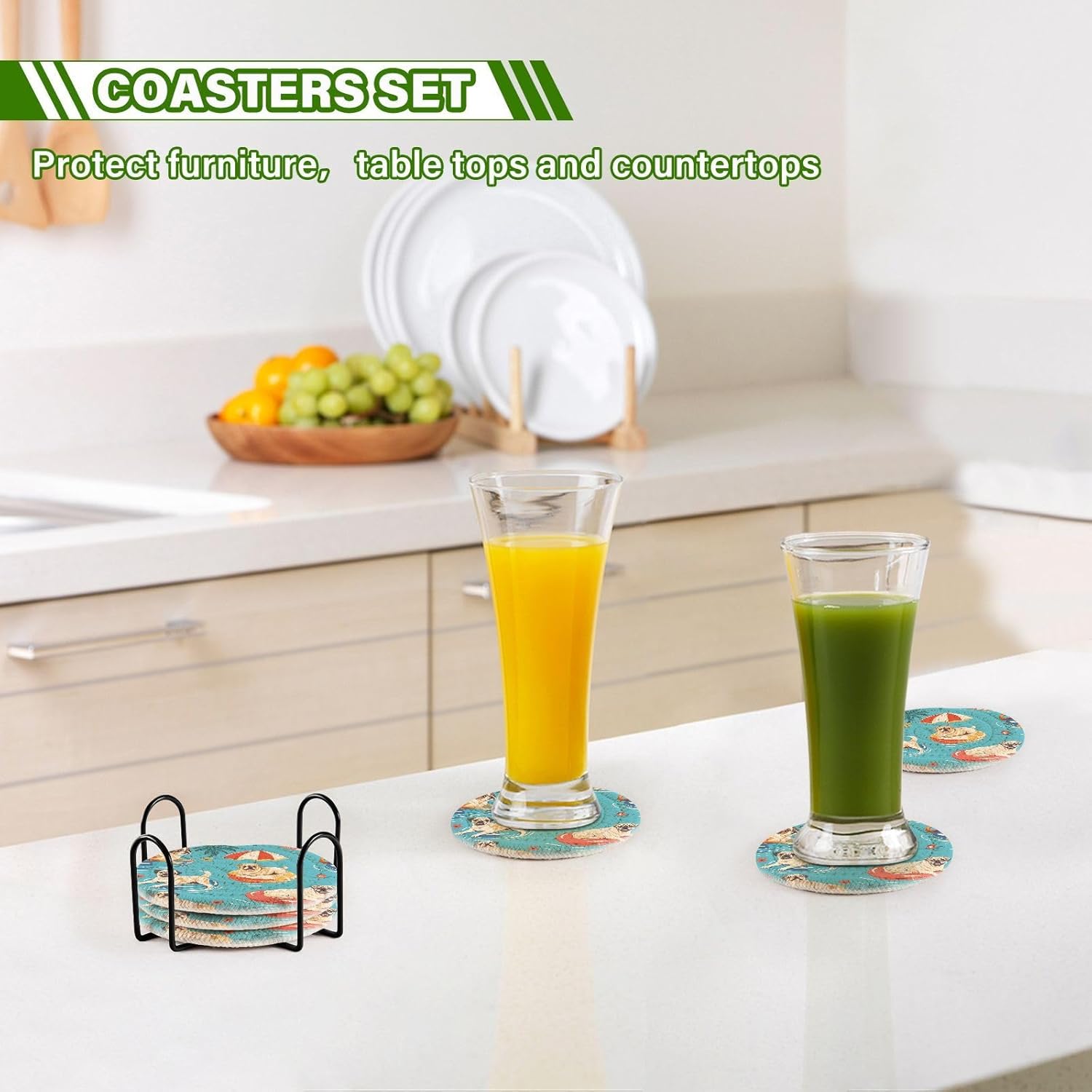 かわいい子犬のパグコースター ホルダー付き 6点 ドリンク用吸収性コースター 織物ドリンクカップコースター テーブルホームデコレーシ